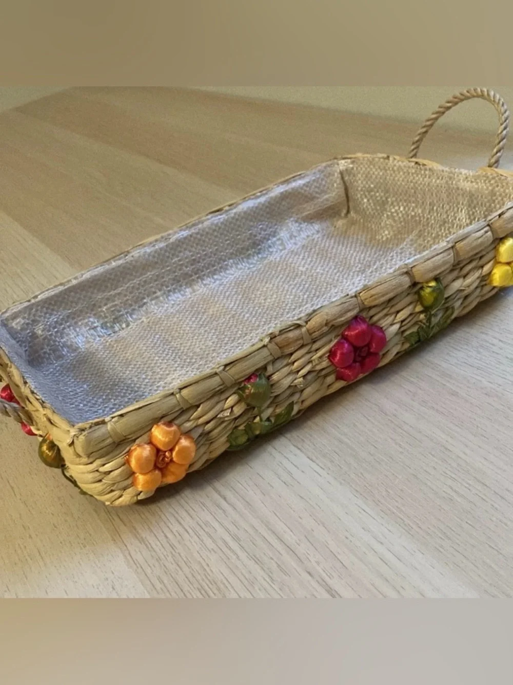 Vintage Woven Casserole Basket with Handles, 8x13 glass dish holder, flowers